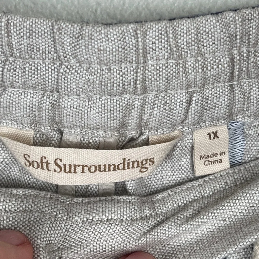 Soft Surroundings‎ Striped Linen Blend Pants Womens 1X Beige Navy Blue Coastal